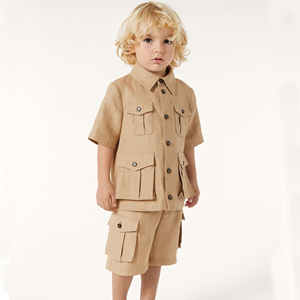 Ensemble <span class=keywords><strong>de</strong></span> vêtements utilitaires <span class=keywords><strong>de</strong></span> style classique pour garçons <span class=keywords><strong>de</strong></span> deux pièces-Chemise d'été et short cargo pour les activités scolaires des enfants - Product Image 1