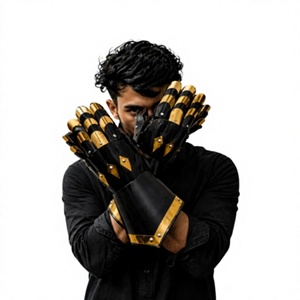Gants de guerrier en métal plaqué or et noir, forme irrégulière, armure de mode, objet de collection, artisanat métallique, objet de présentation - Product Image 4