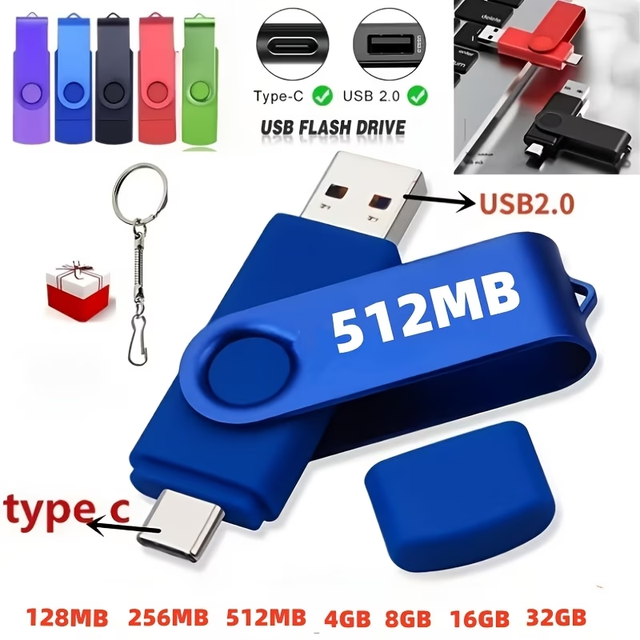 Rotatable 2-In-1 USB Flash Drive, Supports Type-C and USB 2.0 Interfaces, 32GB, Compact Design, Suitable for Phones, Laptops