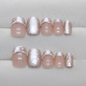 Prensa hecha a mano en las uñas Linda dulce Rosa cereza corta forma trapezoidal corazón <span class=keywords><strong>perla</strong></span> Bowknot chica <span class=keywords><strong>joven</strong></span> estudiante uñas postizas - Product Image 4