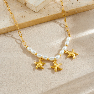 Gold Plated Starfish Pendant Chain Imitation Pearl Beaded Clavicle Necklace Simple Versatile Fashion Jewelry - Product Image 2