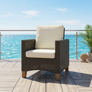 Contemporary Rattan <b>Garden</b> Chair With White <b>Cushions</b> Teak Legs <b>Outdoor</b> Furniture - Product Image 3