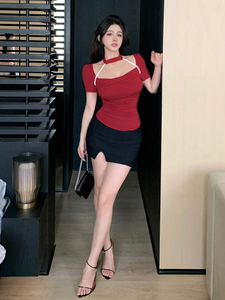 <span class=keywords><strong>Camiseta</strong></span> <span class=keywords><strong>de</strong></span> Verano con Cuello en V, Sexy, con Hombros Descubiertos, Cuello Corto Cruzado, Estilo Delgado y Ajustado para <span class=keywords><strong>Mujer</strong></span> - Product Image 3