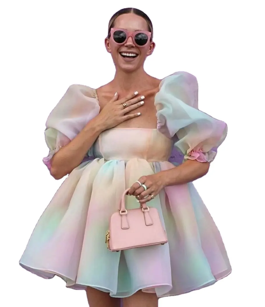 Fsda — Mini robe bouffante de princesse en Organza, col carré, manches courtes, teinture arc-en-ciel, été, 2022