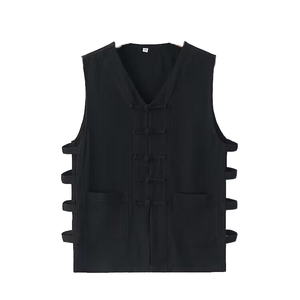 Gilet d'été décontracté pour homme en tissu peigné anti-boulochage, sans manches, multi-poches, style vintage chinois avec boucle et bouton - Product Image 4