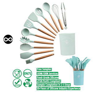 12 pcs烹饪配件厨具锅铲勺子厨房工具带木柄硅胶厨具套装 - Product Image 1