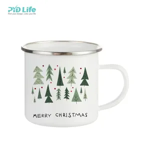 PYD Life Großhandel Custom ized Sublimation Weihnachten Weihnachten Geschenke Santa White Bulk Emaille Kaffeetassen Camping Sublimation Becher