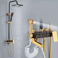 Juego de Ducha Termostática Negro Dorado, Sistema de Ducha para Baño con 4 Funciones, Lluvia, Chorro de Agua y Ducha de Mano