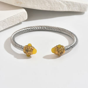 Brazalete de Cable Trenzado Abierto de Acero Inoxidable Chapado en Oro de 18K de Alta Calidad con Piedra Natural para Mujer, Pulseras de Moda - Product Image 6
