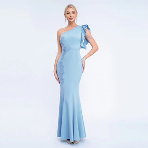 <span class=keywords><strong>Robe</strong></span> de soirée longue asymétrique à col oblique et volants, coupe ajustée, pour <span class=keywords><strong>demoiselle</strong></span> <span class=keywords><strong>d</strong></span>'<span class=keywords><strong>honneur</strong></span> - Product Image 1