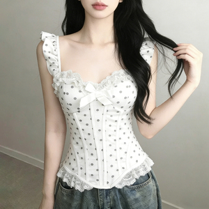 French Royalcore Polka Dot Lace Asymmetrical Waist Cinching Cami Top Pure Sexy Hot Girl Butterfly Sleeve Top - Product Image 4