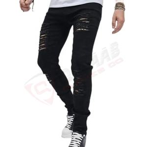Jeans déchirés à la mode et à coupe ajustée-Pantalon en jean en coton populaire et personnalisé de haute qualité, de style urbain et mi-extensible pour hommes - Product Image 4