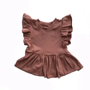 Offre Spéciale flutter manches Côtelé enfants vêtements à volants ourlet Onesie Blanc marron couleur unie en coton côtelé filles tops tenues