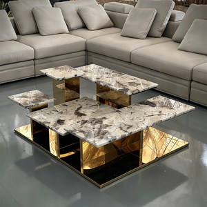 Mesa de Centro de Piedra Natural con Diseño de Estructura de Múltiples Niveles, Muebles de Sala de Estar, Mesa de Café de Acero Inoxidable Dorado - Product Image 1