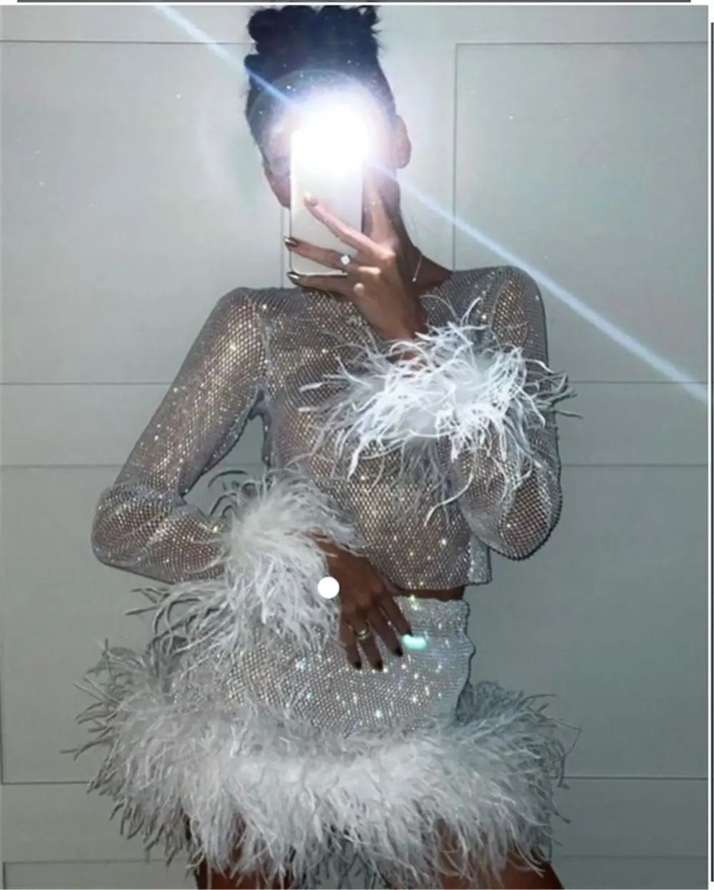 Falda de dos piezas para mujer, traje de dos piezas con diamantes de malla, plumas blancas y negras, talla A7435