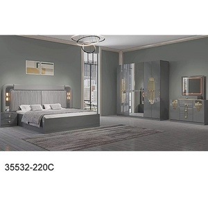 Ensemble de chambre à coucher moderne en bois, taille standard, avec tête de lit éclairée et armoire miroir, pour appartement ou hôtel - Product Image 6