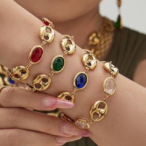 Conjunto de Joyería de Moda al por Mayor, Elegante, de Acero Inoxidable, con Eslabones Huecos en Forma de Nariz de Cerdo, Pulsera y Collar con Piedras de Cristal Ovaladas para Mujer - Product Image 4