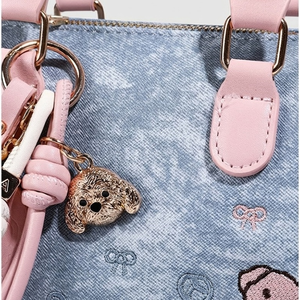 Bolso de mano para mujer con tela vaquera, bolso con diseño de perro bordado, asa en contraste rosa - Product Image 3