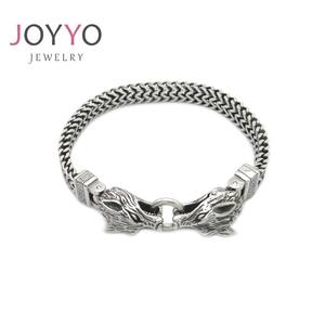 Viking Double tête de loup lien chaîne cubaine foncé pas brillant ancien Vintage argent hommes Bracelet en acier 316L <span class=keywords><strong>bijoux</strong></span> mode - Product Image 3