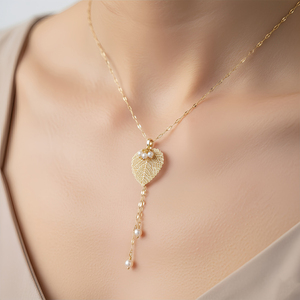 Collar con Colgante de Hoja de Bodhi Natural 2026, Borla, Perla de Imitación, <span class=keywords><strong>Cadena</strong></span> Chapada en Oro de 18K - Product Image 1
