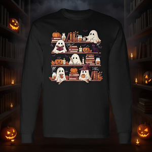 Camiseta de manga larga Retro Ghosts Reading Book Halloween Bookshelf Spooky Library - Product Image 3