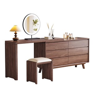 Black <b>Walnut</b> Wood Vanity Table With <b>Drawer</b> Extendable Corner Dressing Table For Bedroom Minimalist Modern Style - Product Image 3