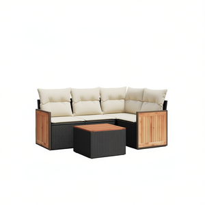 Conjunto de sofá de jardín color crema, blanco y negro, 4 plazas, muebles de ratán para exteriores, diseño contemporáneo, panel de madera de teca - Product Image 1
