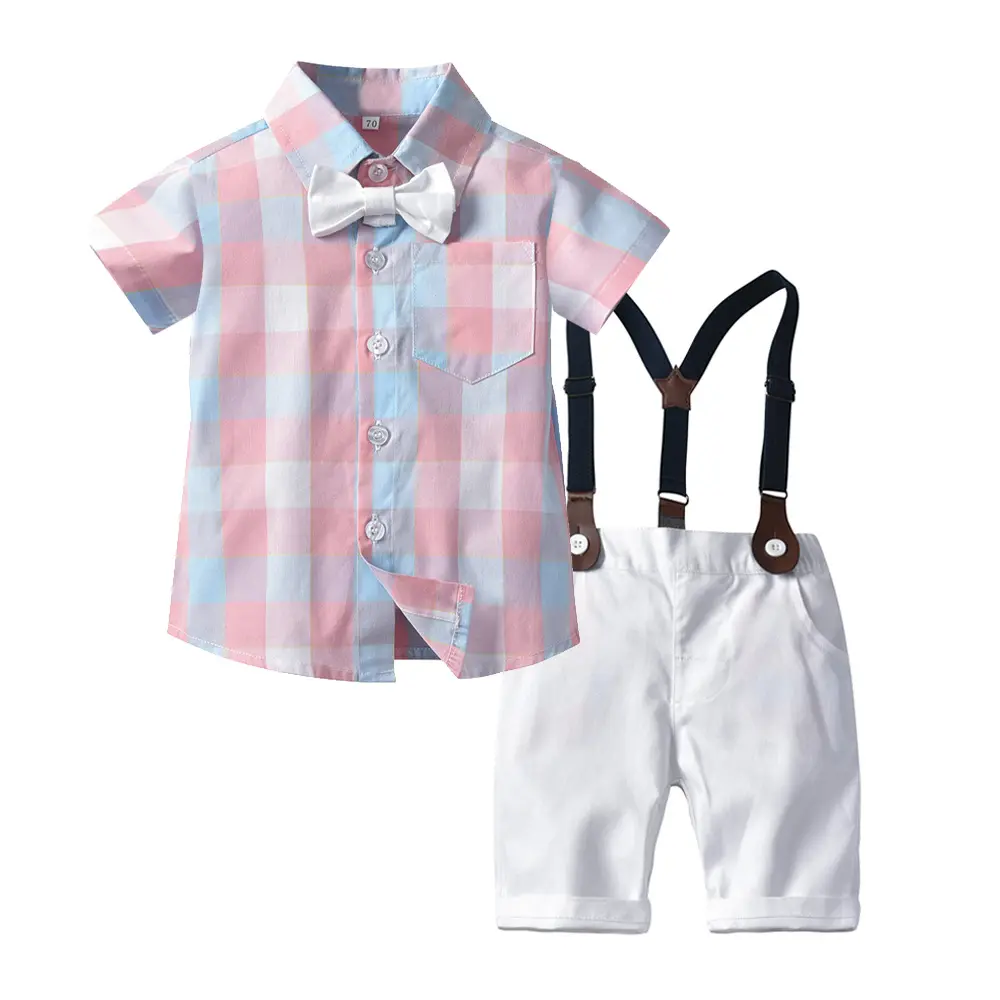 Summer Kids Korean Style Short-Sleeves Pink Blue Plaid Kids Short Set Fashion Boys Clothes Suit
