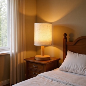 Bedroom Living Room Simple Solid Wood <b>Table</b> Fabric <b>LED</b> Night Light Retro Bedroom <b>Bedside</b> Lamp - Product Image 3