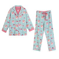Ensemble de pyjama pour femmes en coton tissé 100% biologique avec taille élastique, manches longues, logo satiné sur le devant - pour l'automne et l'hiver
