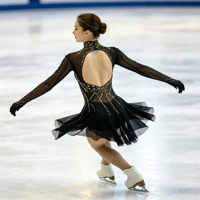 Robe de patinage artistique noire à col montant, manches longues en maille, dos découpé avec strass, pour performance des filles adultes