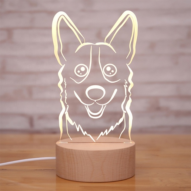 Valentine Decoration Gift Light Night Decor Wolf Acrylic Table Lamp USB Wooden Base LED Night Lamp With Button Switch