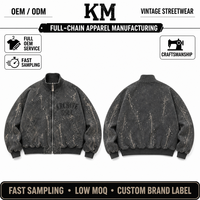 Blouson Bomber Unisexe Col Montant Vintage Streetwear Délavé Effet Encre Éclaboussée avec Poignets et Ourlet Côtelés, Fermeture Éclair Métallique et Lettres Imprimées Floquées