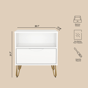 White Nightstand With <b>Drawer</b> And Open Shelf Gold Hairpin Legs - Product Image 3