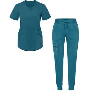 FUYI Peeling anzüge Stretch Atmungsaktive Frauen-Sets Jogger Nursing Scrubs Uniformen Medical Spandex Hospital Peelings Uniformen-Sets