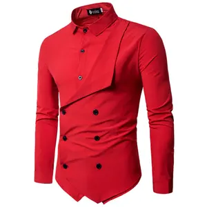 Camisa formal de moda para hombre, Camisa de algodón de color rojo sólido con doble botonadura para oficina