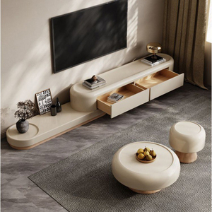 Meuble <span class=keywords><strong>TV</strong></span> <span class=keywords><strong>incurvé</strong></span> moderne, couleur crème, grand rangement, mobilier de salon, élégant et durable - Product Image 4