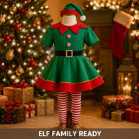 Ensemble de costumes de Noël assortis pour la famille, tenue d'elfe pour adultes et enfants, veste verte avec col festonné, boutons en forme de canne à sucre, chapeau