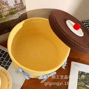 Cotton Woven <b>Storage</b> <b>Basket</b> With Lid Round Yellow <b>Large</b> Capacity Toy Organizer Desktop <b>Storage</b> Box For Children - Product Image 1