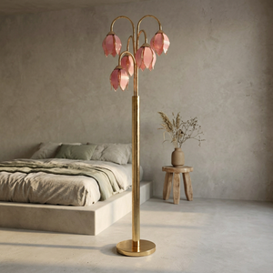 Lampe sur pied rétro rose à motif floral avec base ronde dorée lourde et pétales en verre, luminosité réglable, compatible avec le modèle Tulipe Rose - Product Image 4
