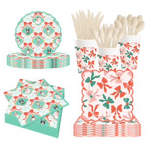 DAMAI Kid Birthday Party Bowknot Table Decorations Kit <b>Disposable</b> Paper Plates Banner <b>Tablecloth</b> Party Tableware Set - Product Image 2