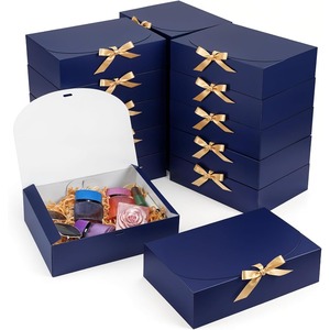 กล่องของขวัญมีฝาปิด กล่องกระดาษคราฟท์สีน้ำเงินแบบพับได้ พร้อมริบบิ้นสีทอง สามารถปรับแต่งได้ตามความต้องการ - Product Image 1