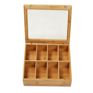 Caja de almacenamiento de té de bambú, rectangular, 9 compartimentos, con tapa de vidrio, organizador de escritorio para hojas de té y especias - Product Image 3