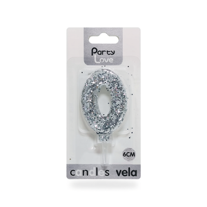 Vela de Cumpleaños con Número 0 Plateada con Purpurina, 6 cm, Party Love - Product Image 2