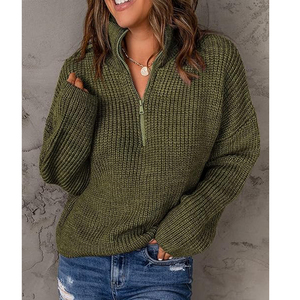 Women's <strong>Sweater</strong> Waffle Kint Long Sleeve Quarter Zip Pullover V Neck <strong>Sweater</strong> for Women Quarter Zip <strong>Knitted</strong> <strong>Sweater</strong> - Product Image 2