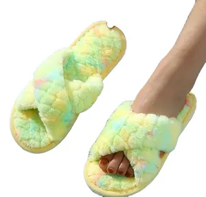 Cross-Tie Dyed Leather Plush Slippers Open Toe House Style for Indoor Use Anti-Slip and for Winter/Autumn Season