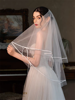 Voile de mariée de style français QUEENSGOWN, voile court à deux couches, bord en satin avec nœud, simple et élégant, accessoires de robe de mariée