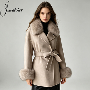 Jxwatcher Vente en gros de manteaux en cachemire pour femmes, sur mesure, double face, avec col et poignets en fourrure de <span class=keywords><strong>renard</strong></span> véritable, manteau en cachemire pour femmes - Product Image 1