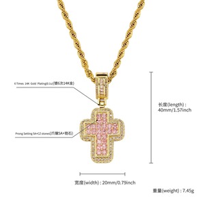 Frauen zarte rosa Baguette CZ Diamant Kreuz Anhänger Halskette HipHop Rapper Schmuck Micro Pave CZ Twist <span class=keywords><strong>Rope</strong></span> <span class=keywords><strong>Chain</strong></span> Halskette - Product Image 3