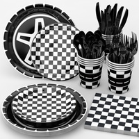 Ensemble de vaisselle élégant noir et blanc à carreaux, thème course automobile, pour fête d'anniversaire